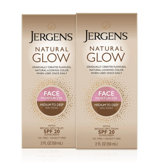 Jergens Natural Glow Face Self Tanner Lotion with SPF 20 Sunless Tanning Medium to Deep Skin Tone Moisturizer Daily Facial Sunscreen Oil Free UVA and UVB Protection 2 Oz Pack of 2