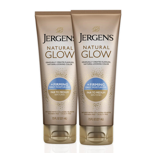 Jergens Natural Glow +FIRMING Self Tanner Body Lotion Fair to Medium Skin Tone Sunless Tanning Moisturizer with Collagen and Elastin. Helps to Visibly Reduce Cellulite 7.5 Fl Oz (Pack of 2)
